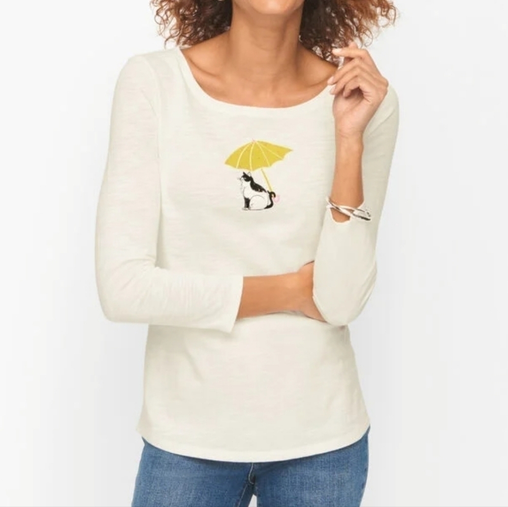 Talbots Crewneck Cat Umbrella 3/4 Sleeve Tee